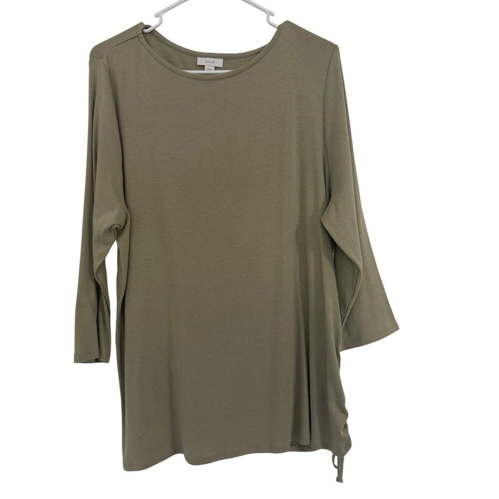 Pure Jill J Jill Size XL Sage Green Knit Top Ruched Tie Side 3/4 Sleeves Soft